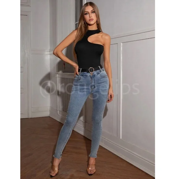 Black Bodysuit Mock Neck Cut Out Sleeveless - Picture 4 of 6